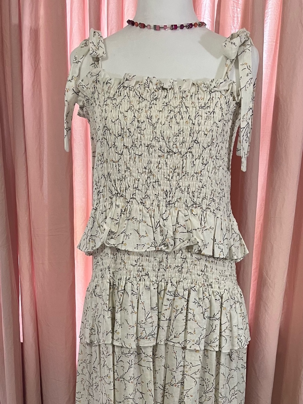 House of Harlow Linen Blend Smocked Floral Tiered Maxi Dress in Ivory